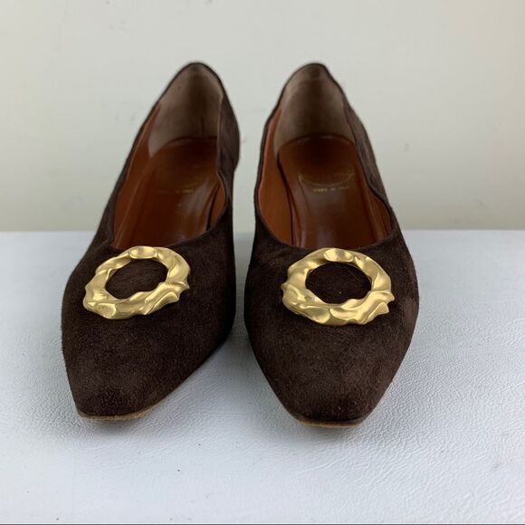 Vintage Paloma Brown Suede Pointy Toe Heels Satin Gold Circle Accent - Picture 6 of 13